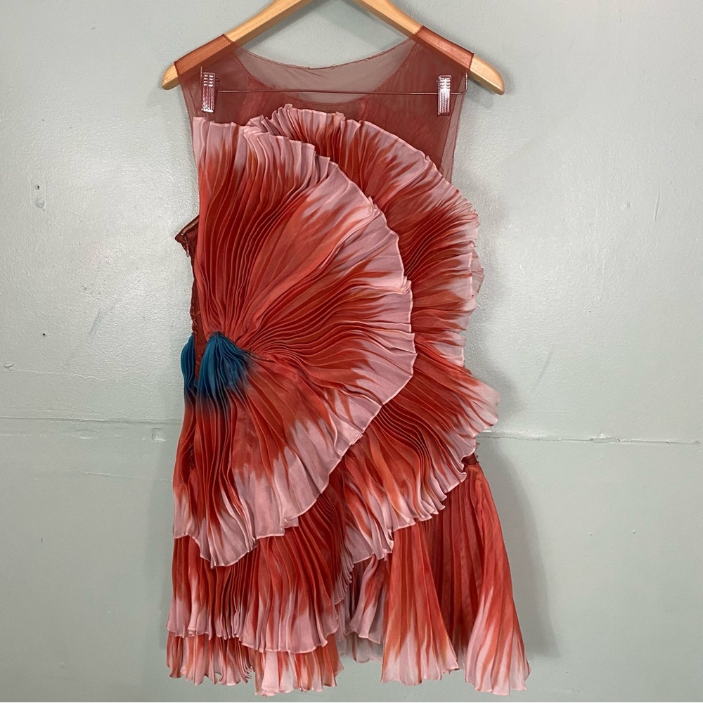Anthropologie Geisha Designs 3D Floral Asymmetrical Dress Orange Medium - Picture 8 of 12